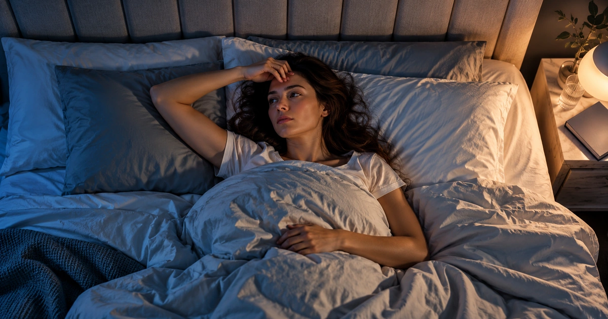 Mulher acordada na cama à noite, representando ansiedade e insônia.