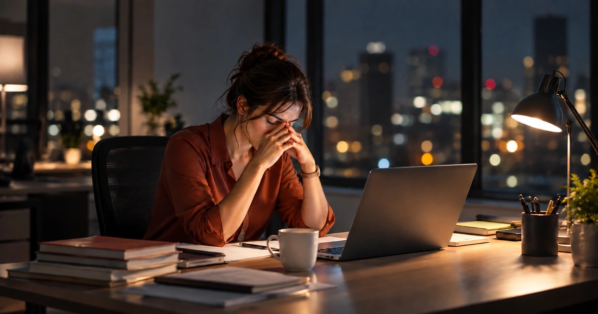 Mulher em escritório à noite demonstra ansiedade no trabalho diante do computador.