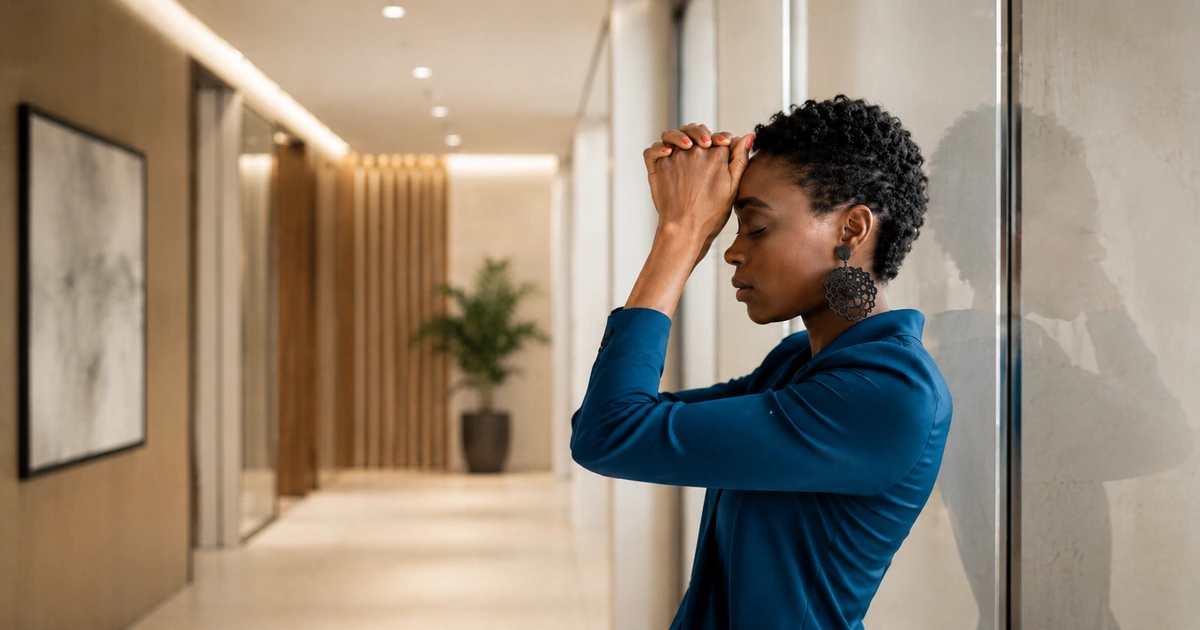Mulher em ambiente corporativo demonstrando cansaço associado à depressão e ansiedade.