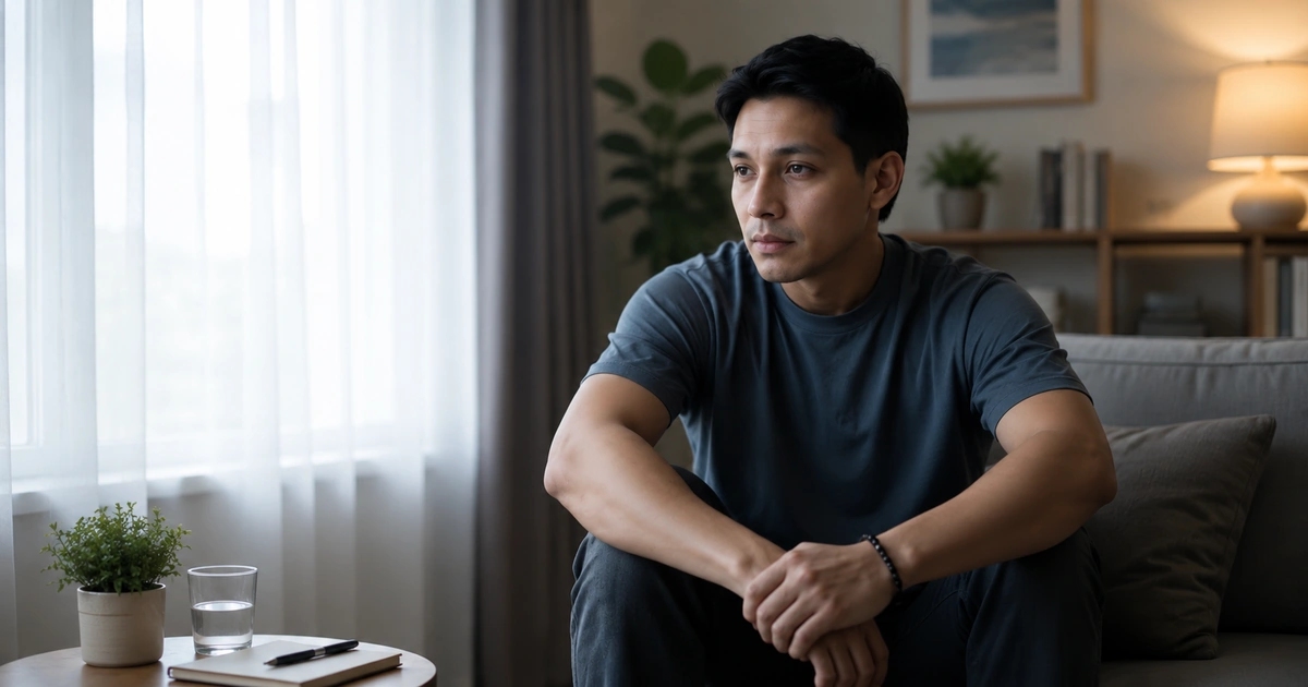 Homem adulto sentado próximo à janela durante momento de introspecção sobre saúde mental.