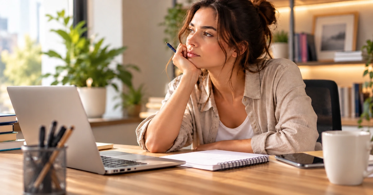 Mulher em ambiente de trabalho com materiais de estudo, representando desatenção em adultos.