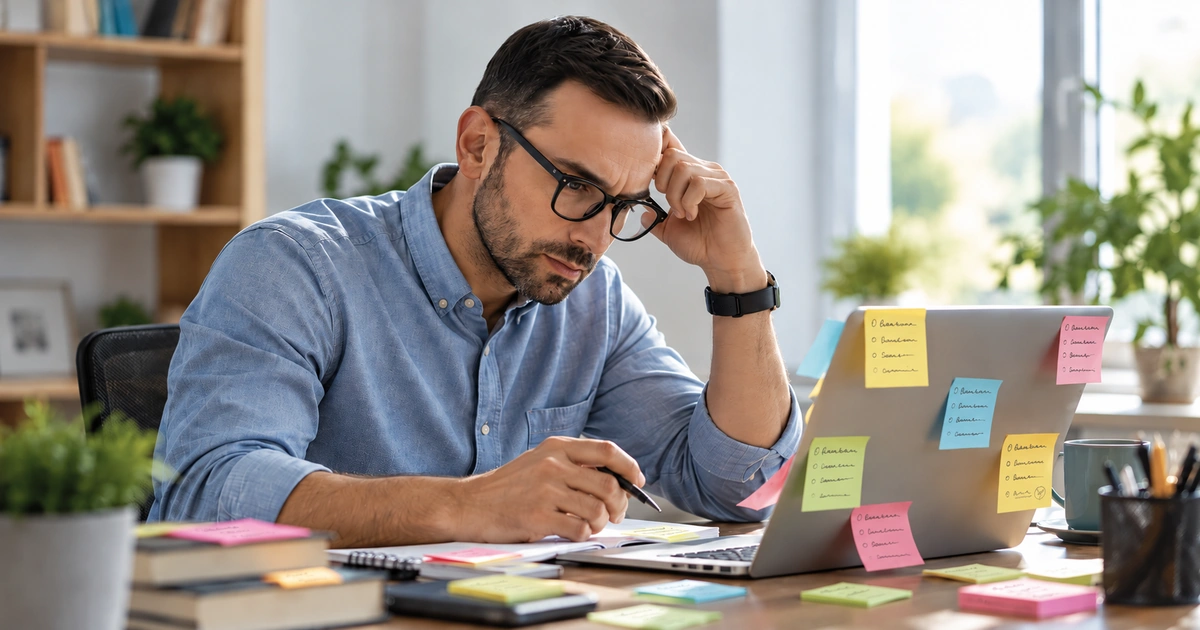 Homem adulto com óculos concentrado diante do notebook em ambiente de trabalho.