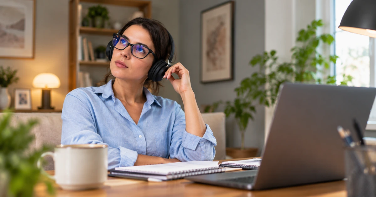 Mulher com fones de ouvido, distraída em ambiente de trabalho.
