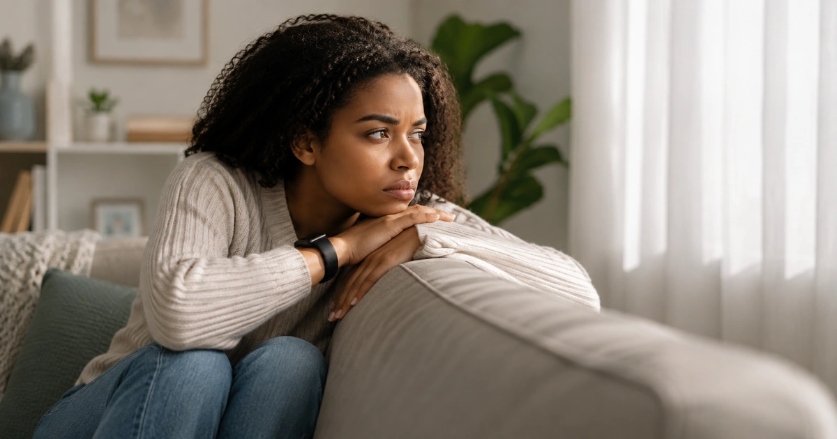 Mulher refletindo sobre tristeza ou depressão durante momento de introspecção